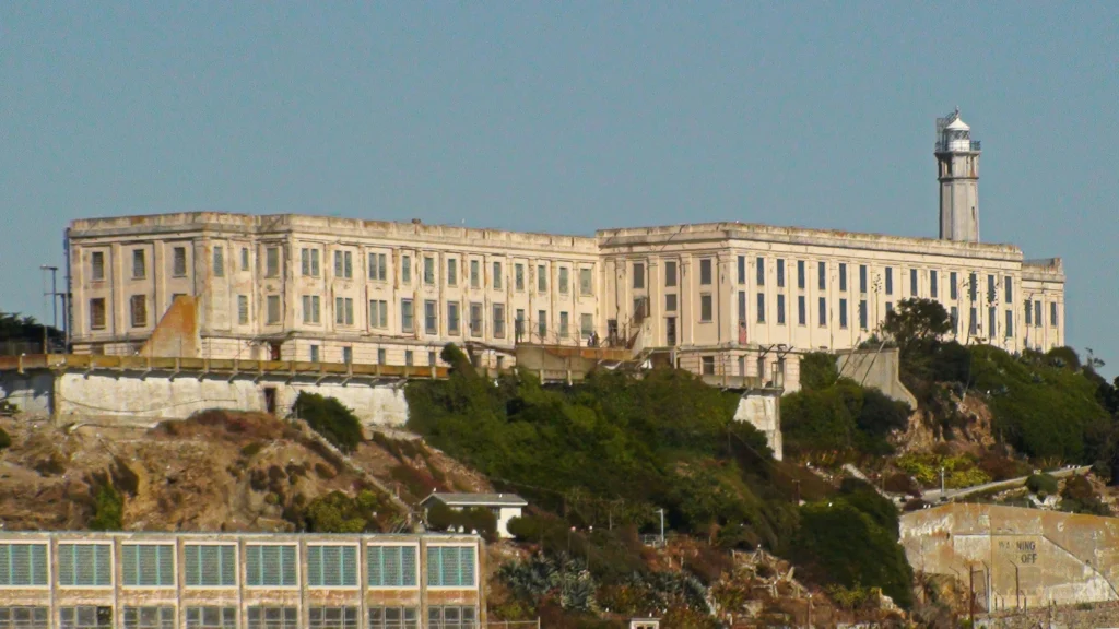 Alcatraz island prison with lighthouse on a sunny day