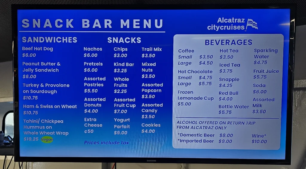 Snack bar menu on Alcatraz cruise